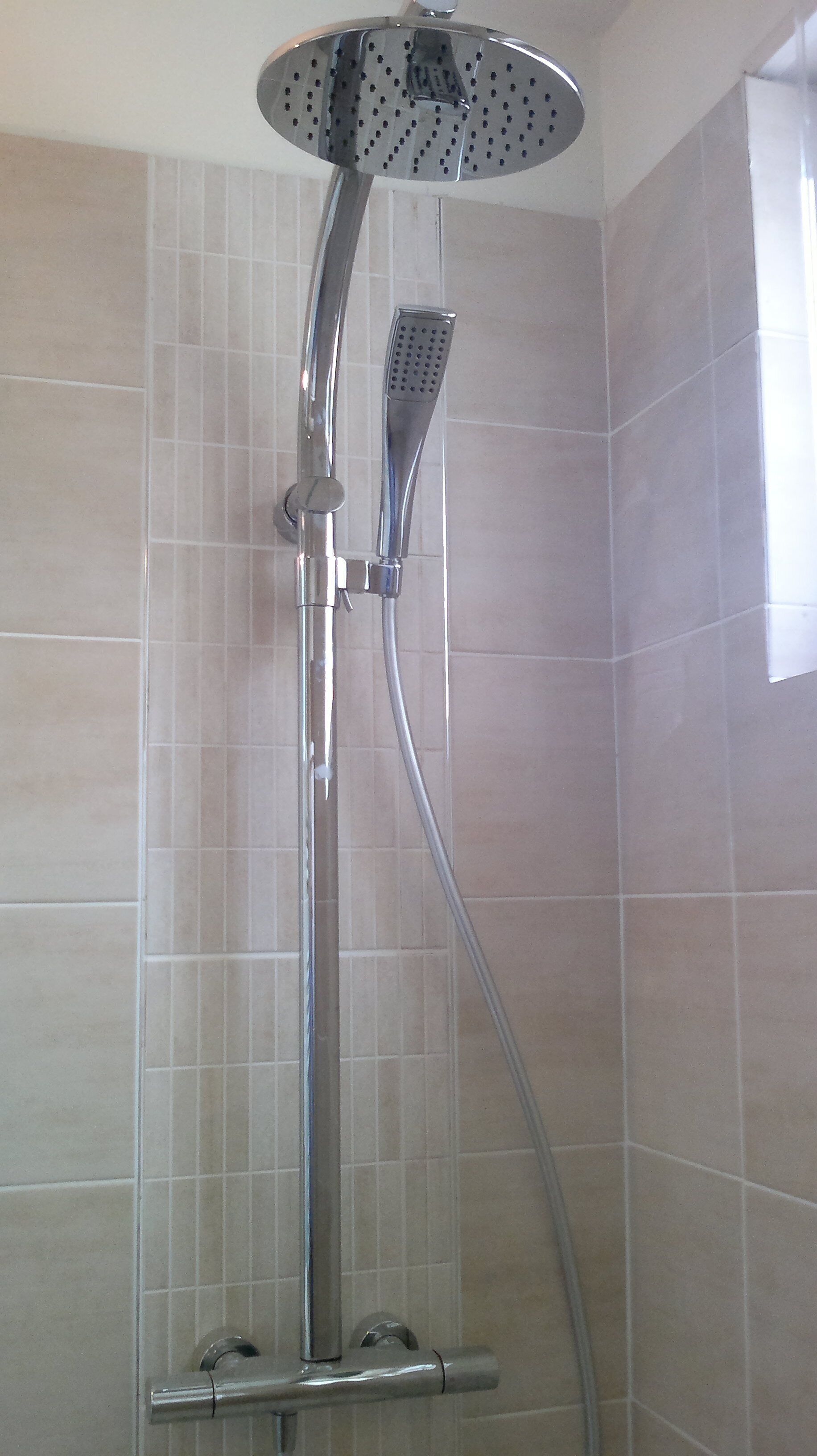Eine Dusche mit Handbrause und flexiblen Schlauch.