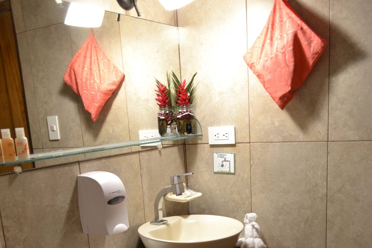 shower, free toiletries, hair dryer, towels