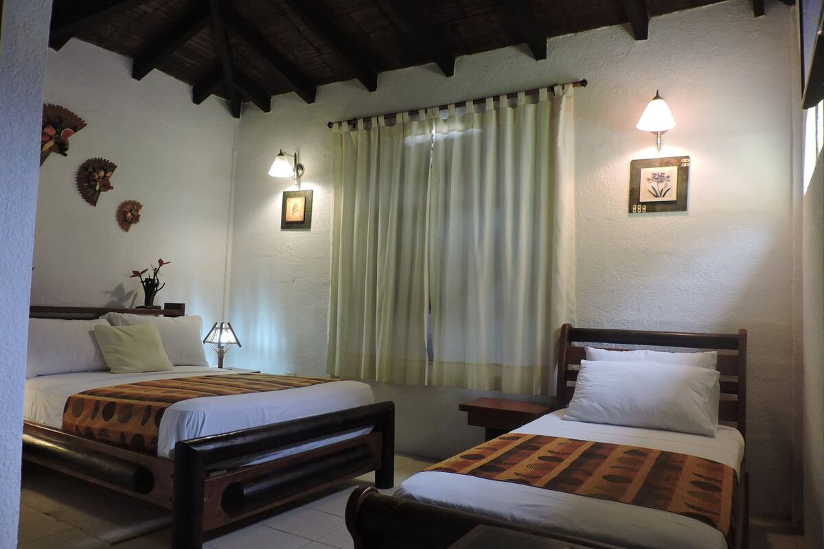 Una habitación con dos camas de madera, una ventana con cortinas, una lámpara de pared y un cuadro enmarcado.