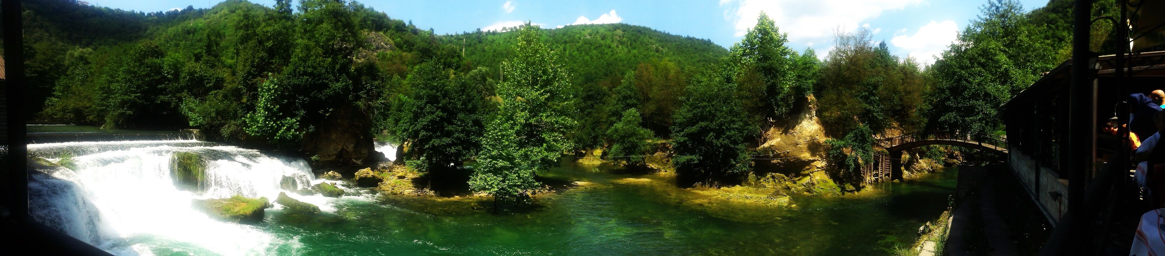 Un río con cascada rodeado de bosque denso y un puente de madera.