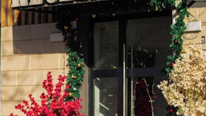 A building with a sign that reads "RECEPTION" above the entrance. There are two potted plants, one with red flowers and another with white flowers, placed in front of the entrance. - Hotel Funnytime (Bucharest)