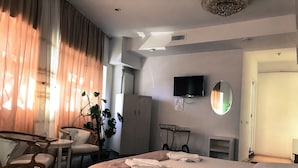 A hotel room with a bed, a desk, a chair, a television, a mirror, and a potted plant. - Hotel Funnytime (Bucharest)