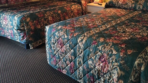 A hotel room with two beds, floral bedding, a nightstand with a lamp, and a painting on the wall. - Shaws Komfort Motel (Savannah)
