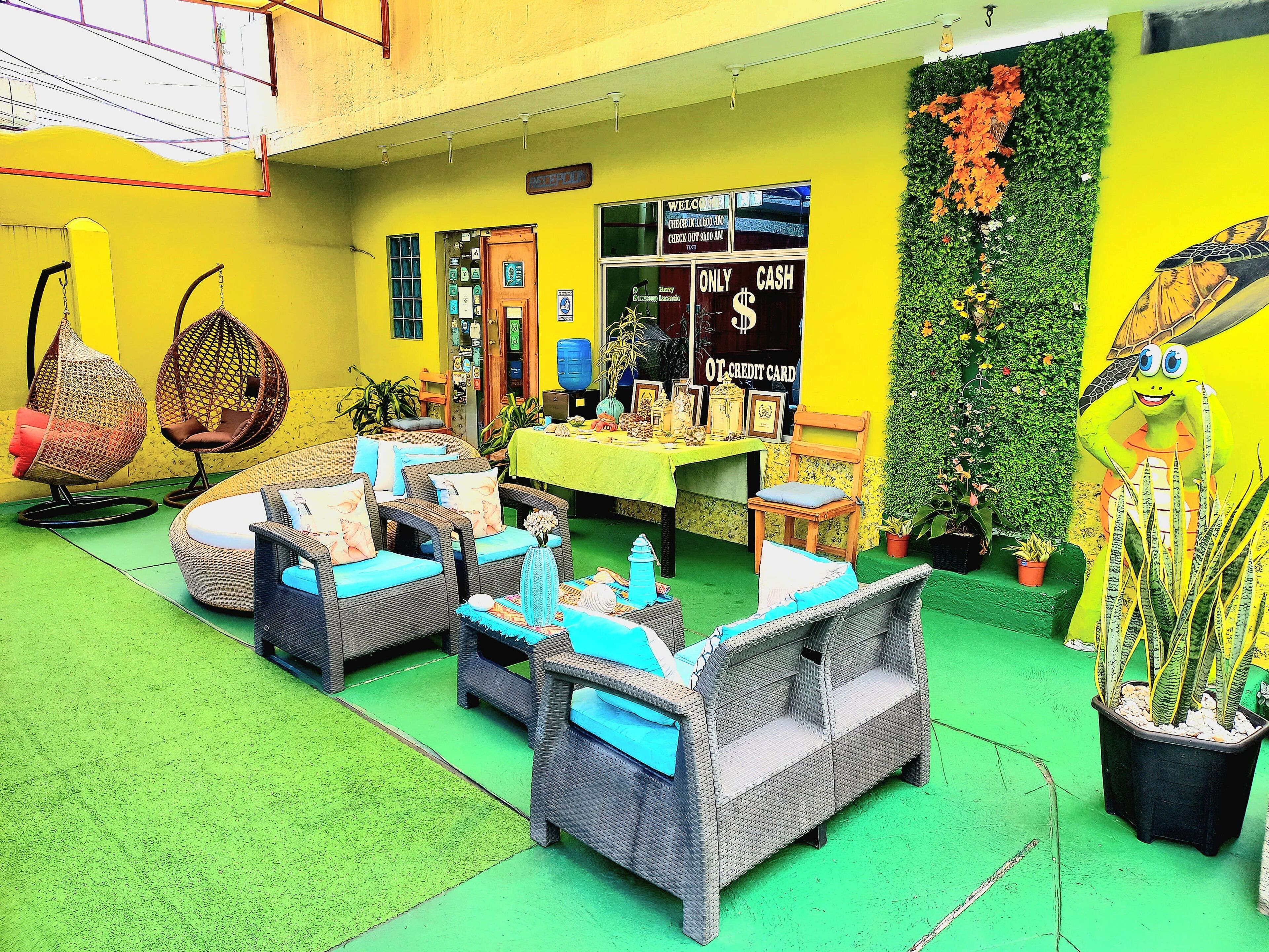 A brightly colored outdoor seating area with wicker furniture and a green floor, featuring a reception desk and a wall with a turtle mural.