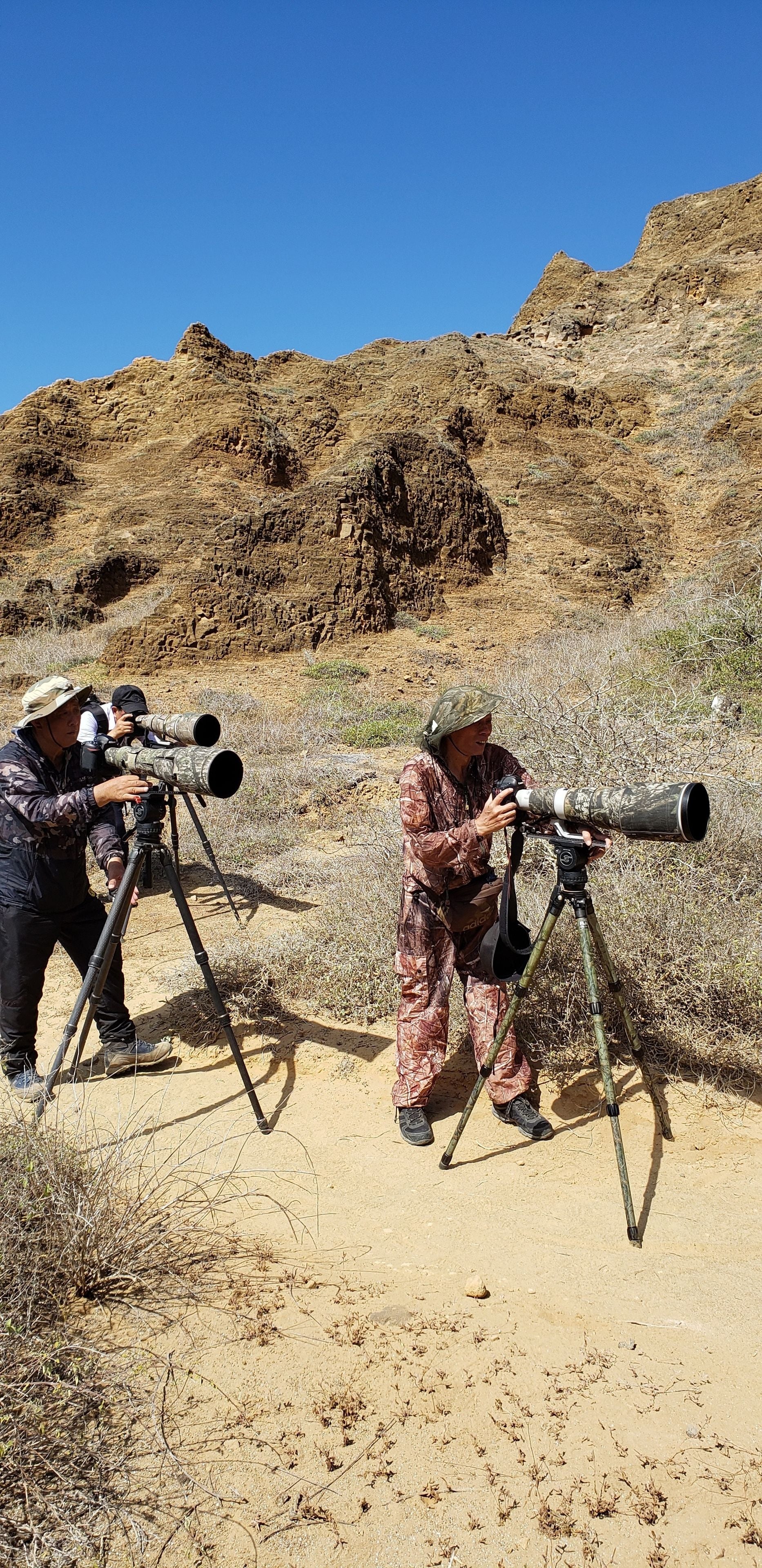 Two individuals using telescopes in a desert setting.