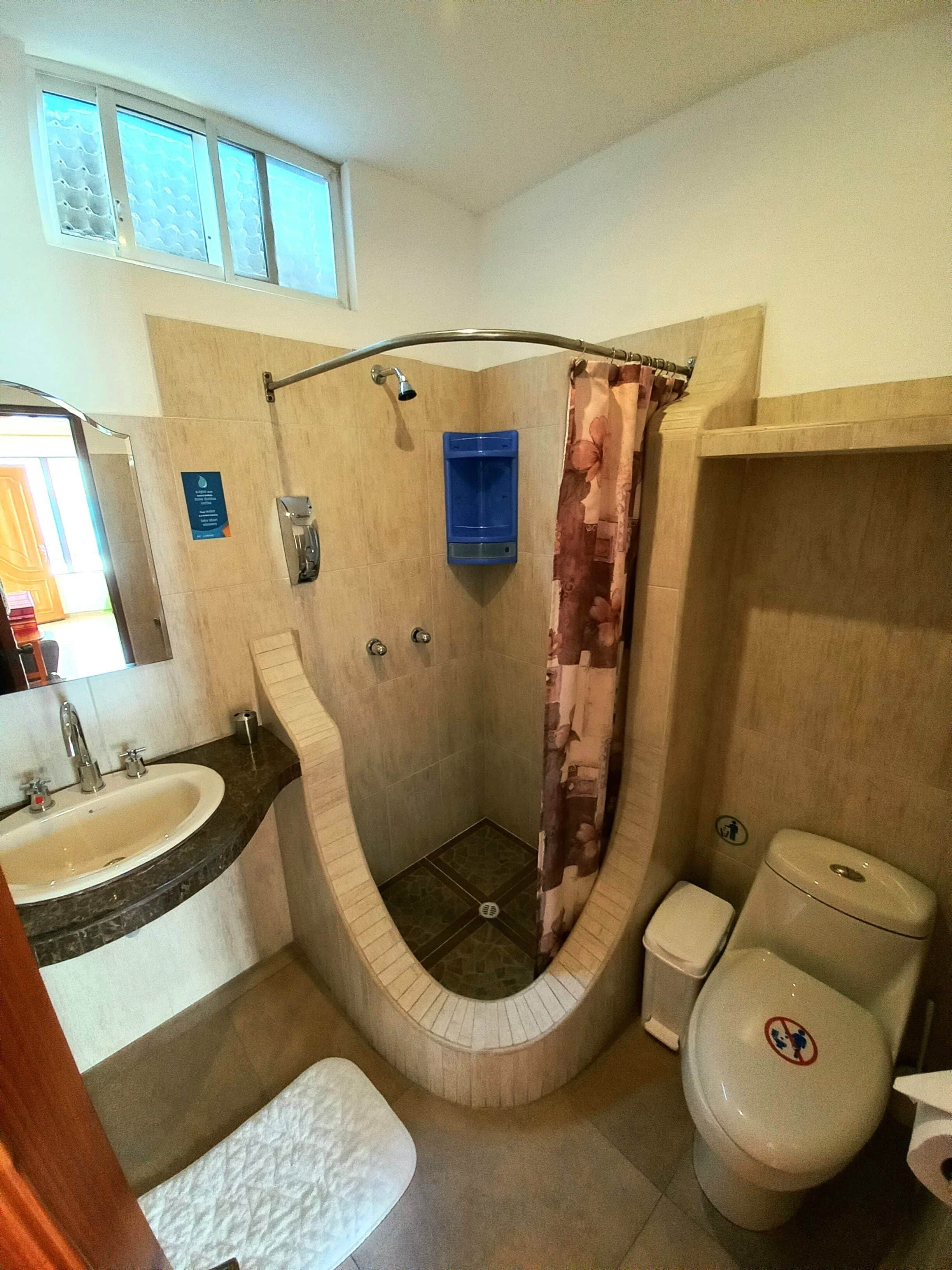 Casa de banho com chuveiro, sanita, lavatório e espelho.