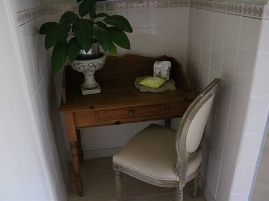 A corner room with a wooden desk, a chair, a potted plant, and a small table with a tissue box and a yellow item.