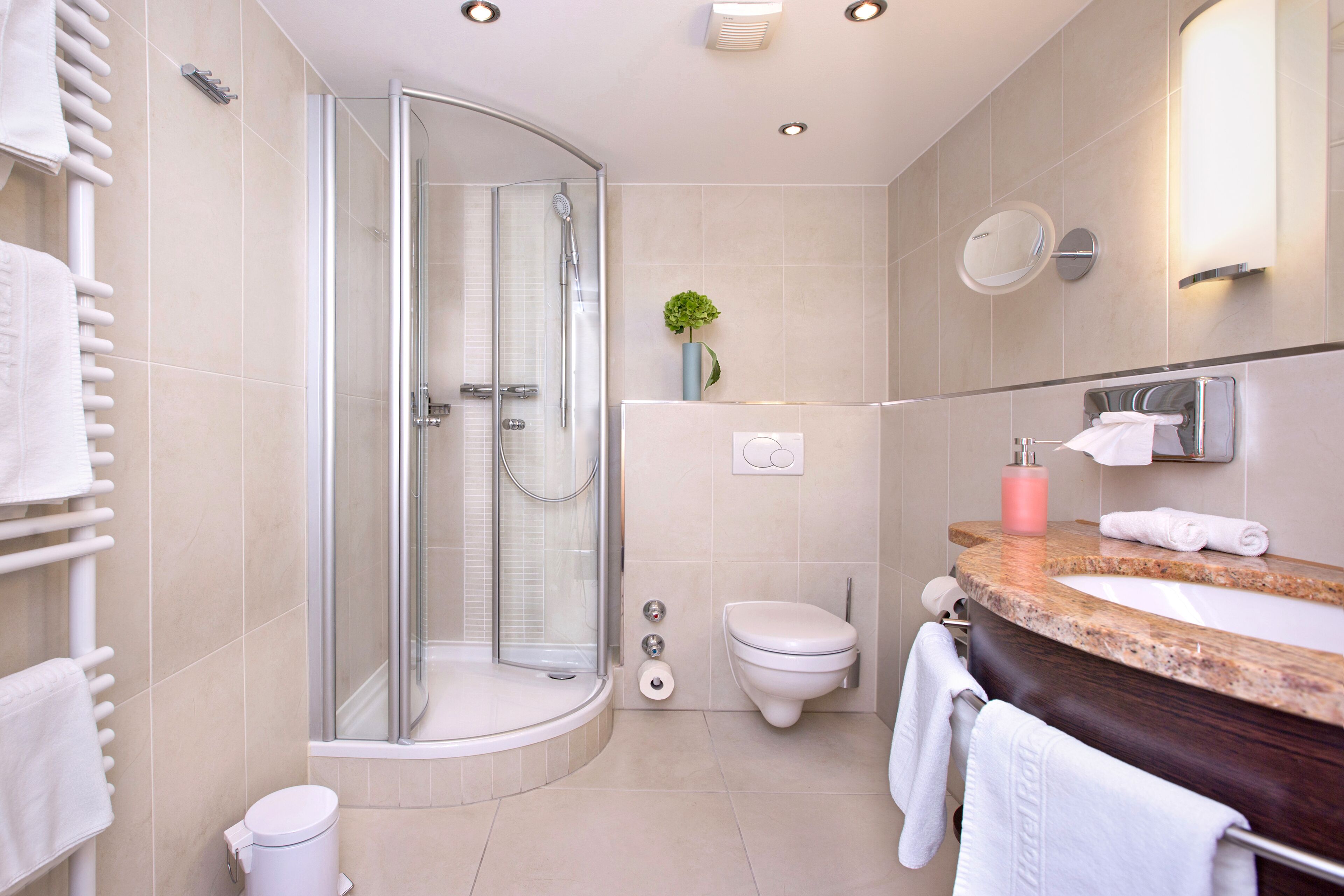 superior double room | bathroom | shower, hair dryer, towels