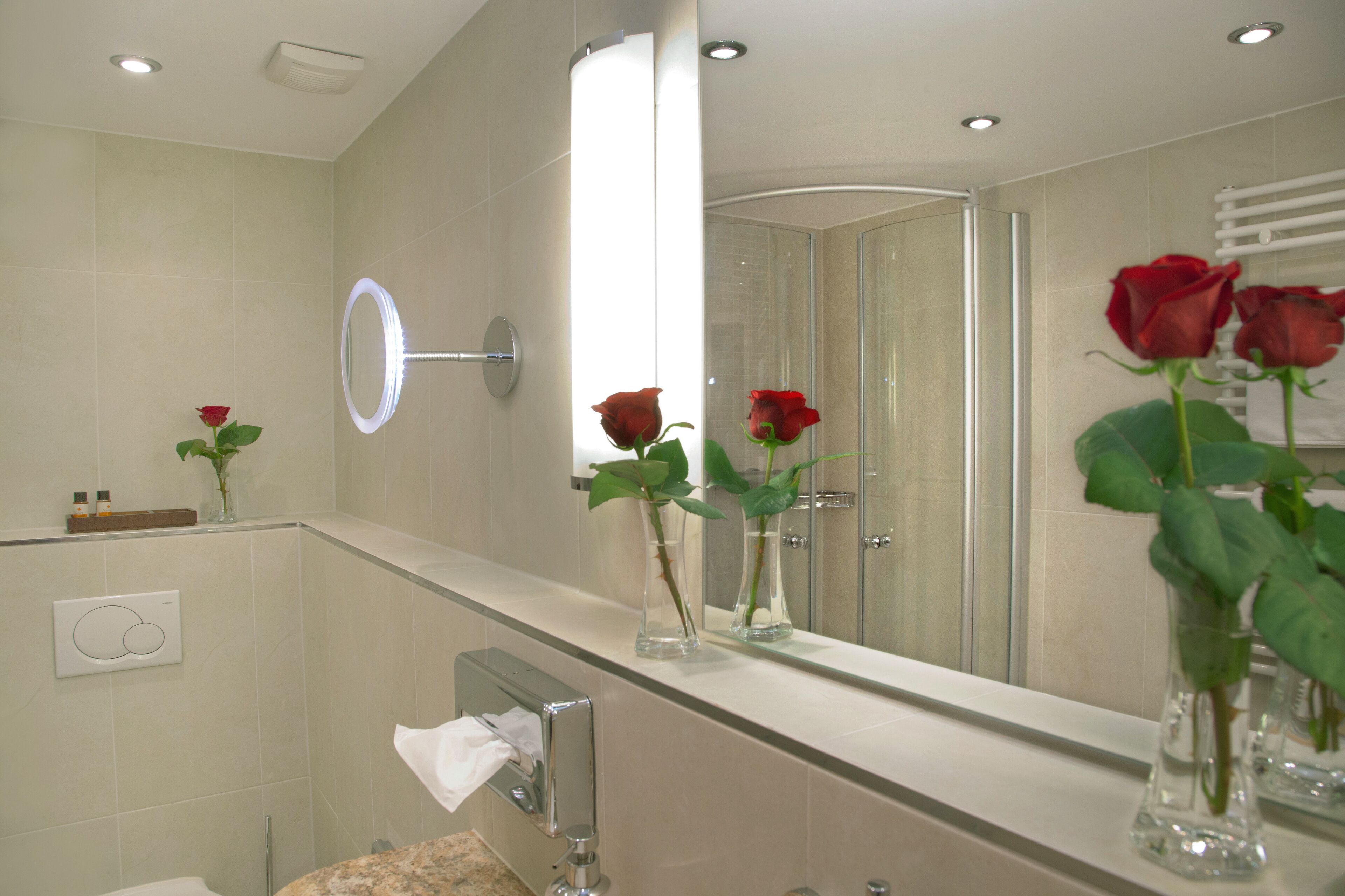 superior double room | bathroom | shower, hair dryer, towels
