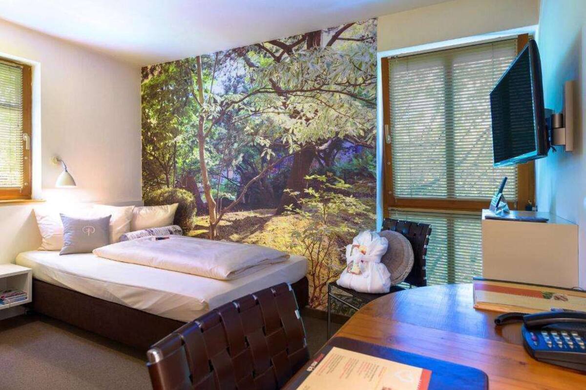A bedroom with a bed, a desk, a chair, a television, and a window with blinds.