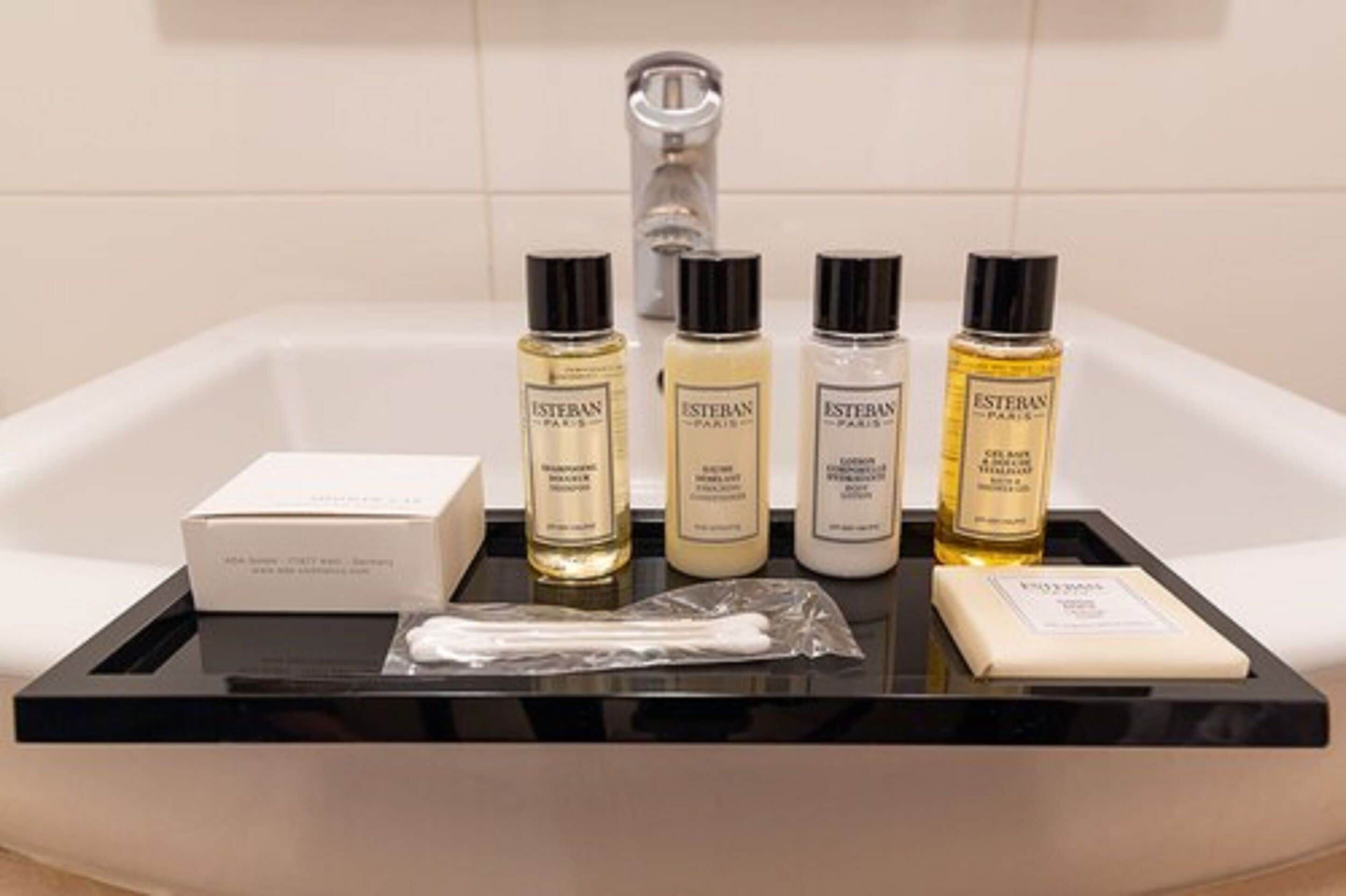 free toiletries, hair dryer, slippers, towels