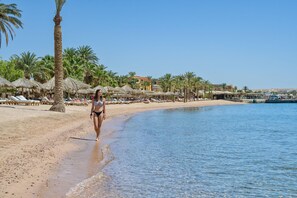 A beach with palm trees, sun loungers, and a clear blue sea. - Sindbad Club (Hurghada)