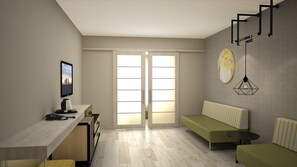 A modern living room with a sofa, a small table, a TV, and a radiator. - Grifid Hotel Encanto Beach (Varna)