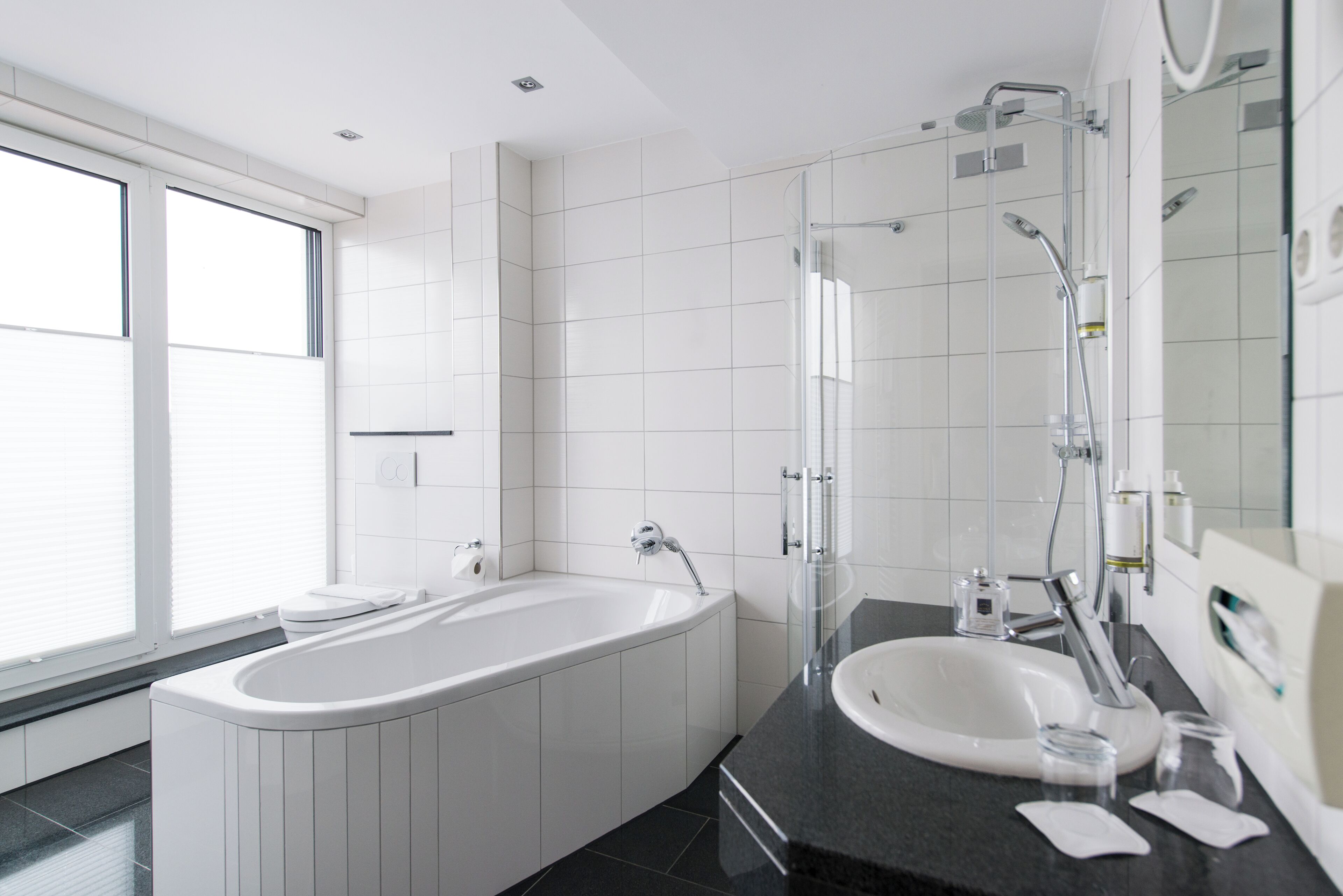 superior double room | bathroom | shower, free toiletries, hair dryer, towels