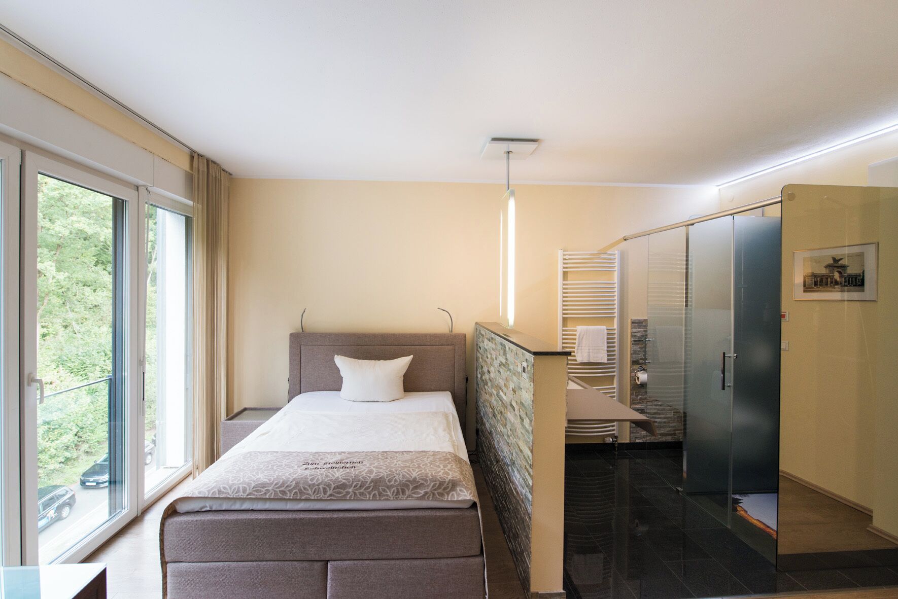 A modern bedroom with a large bed, a wardrobe, and a bathroom with a glass shower.