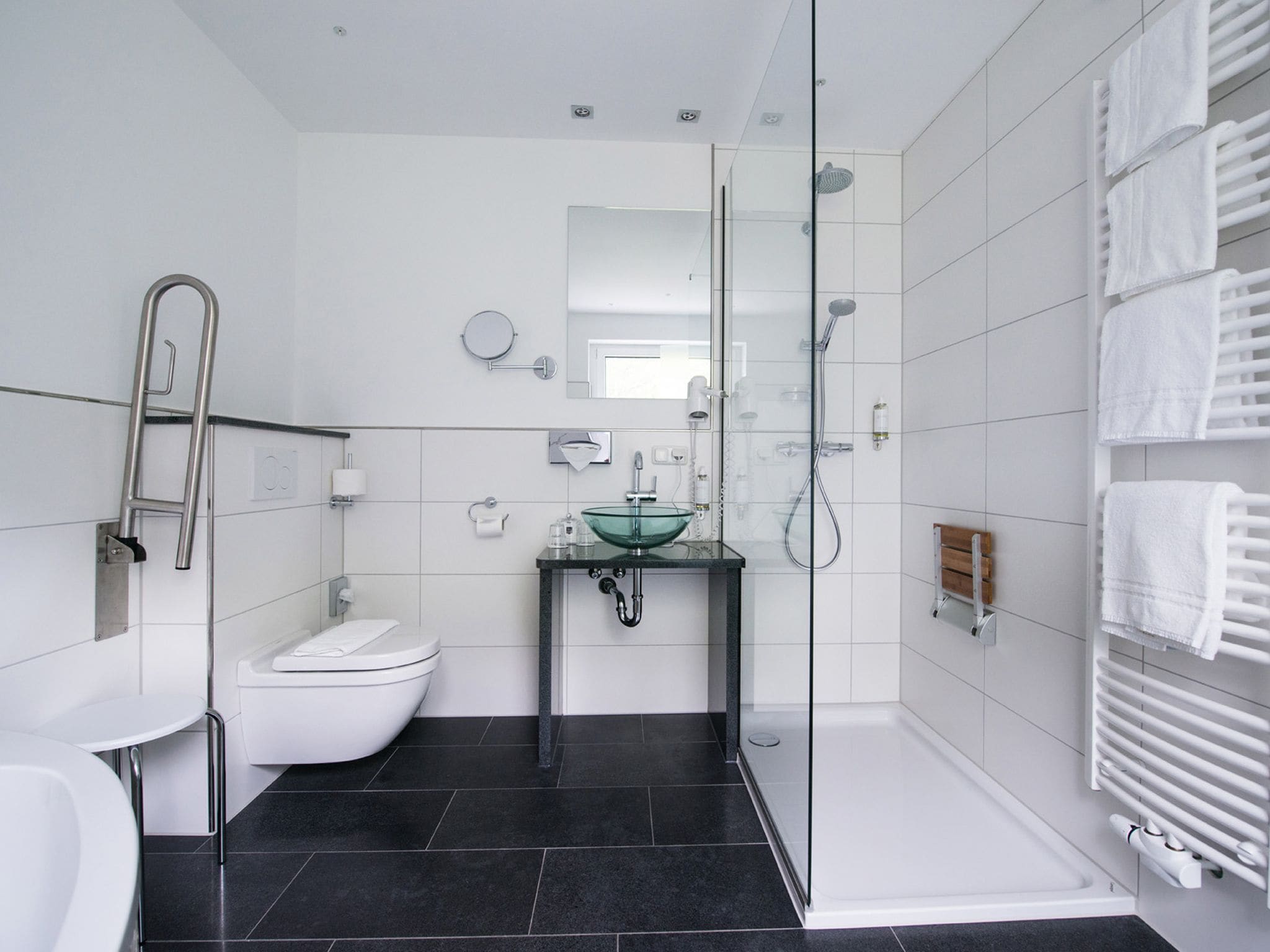 superior double room | bathroom | shower, free toiletries, hair dryer, towels