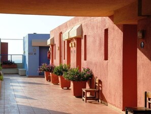 A covered outdoor area with a red wall, potted plants, and a wooden chair.
