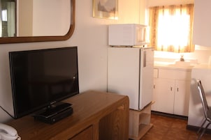 Una cocina compacta con mostrador de madera, un refrigerador, un microondas y un lavamanos.