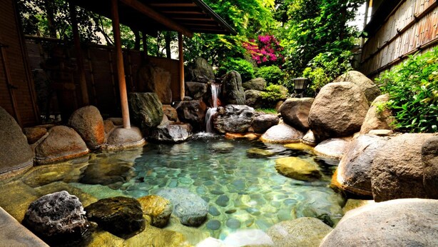 A clear water feature with rocks and a small waterfall, surrounded by lush greenery and a wooden structure. - Izumokamigami Enmusubi No Yado Konya (Matsue)
