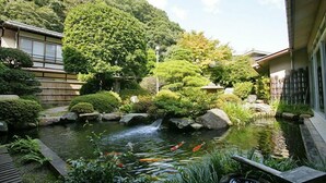A traditional Japanese garden with a koi pond, rocks, and various plants. - Izumokamigami Enmusubi No Yado Konya (Matsue)