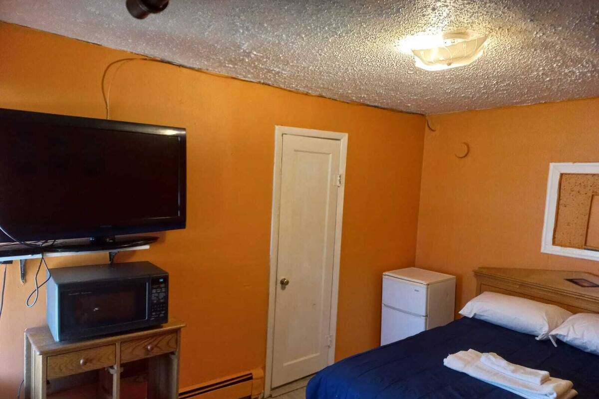 A room with a bed, a television on a stand, a small refrigerator, and a door.