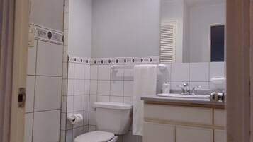 A small, clean bathroom with a toilet, sink, and mirror.
