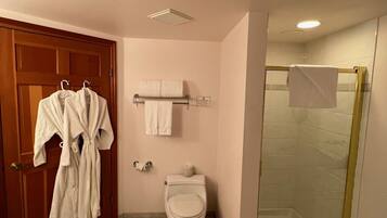 A bathroom with a toilet, a glass shower enclosure, and a door with two white bathrobes hanging.