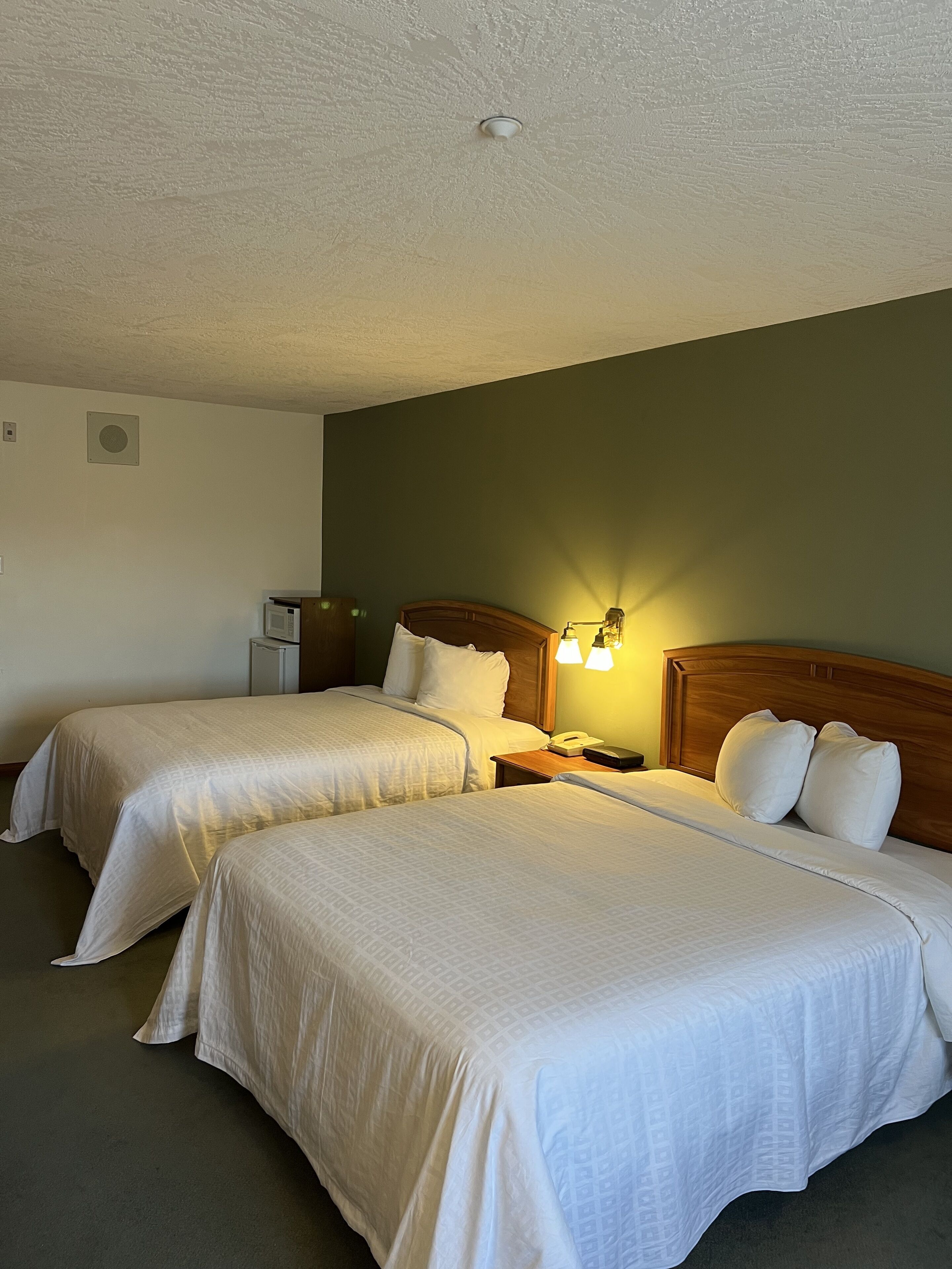 A hotel room with two beds, a wooden headboard, a bedside table with a lamp, and a wall-mounted air conditioning unit.