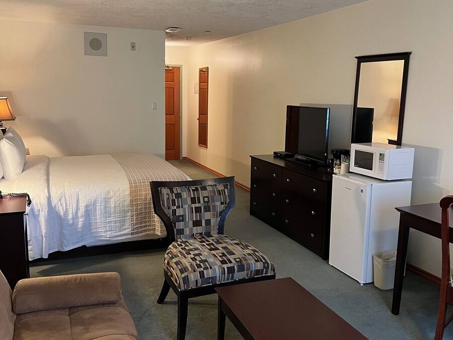 A hotel room with a bed, a sofa, a chair, a table, a dresser, a television, and a microwave.