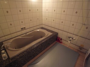 Combined shower/bathtub, hair dryer, slippers, bidet