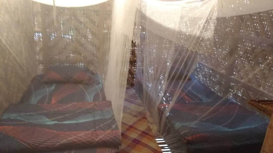 A room with a bed covered by a sheer curtain, a checkered floor, and a window with a view of the cityscape.