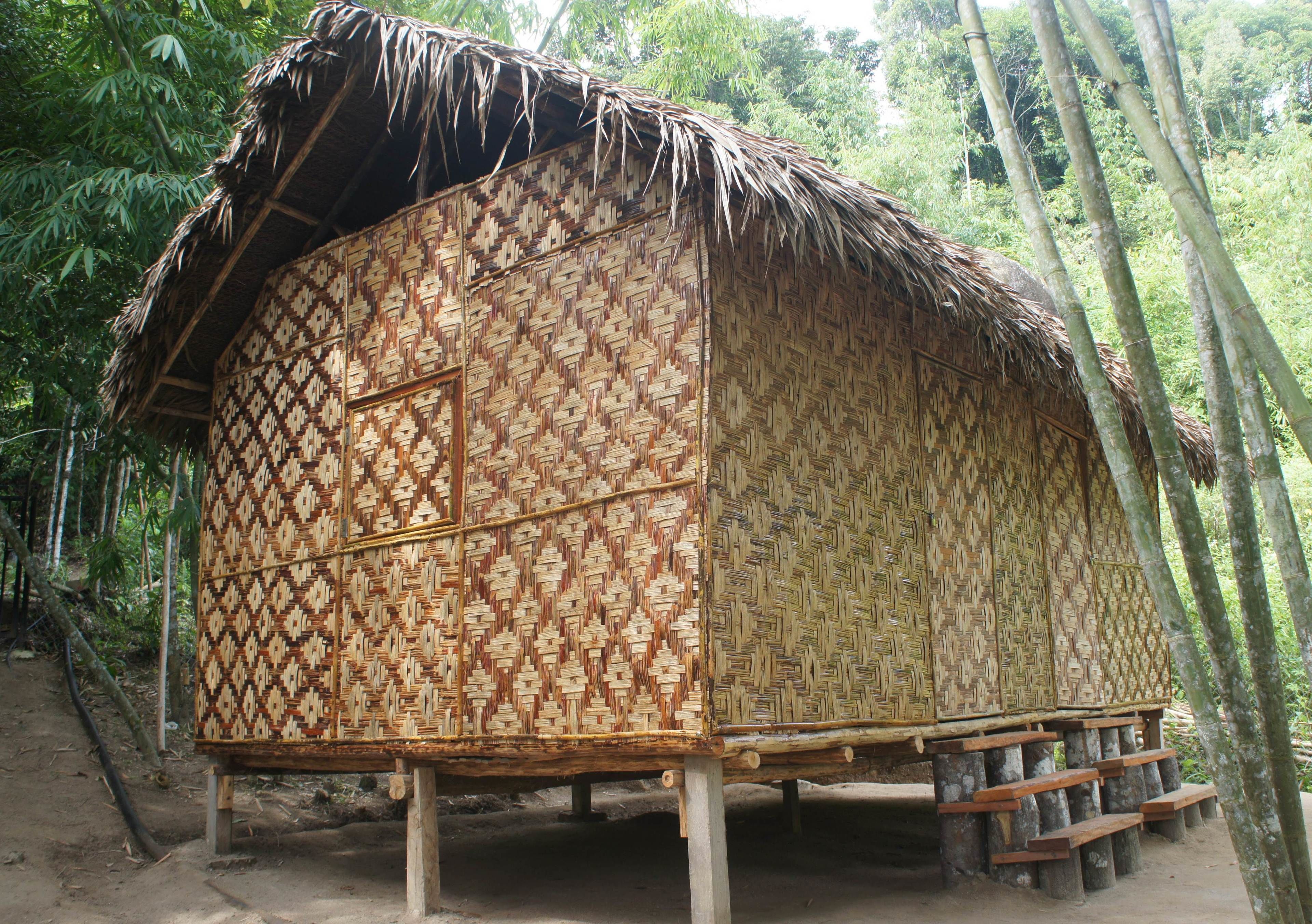 Een traditionele bamboehut met een geweven patroon, gebouwd op houten palen, omgeven door een dichte bamboebossen.