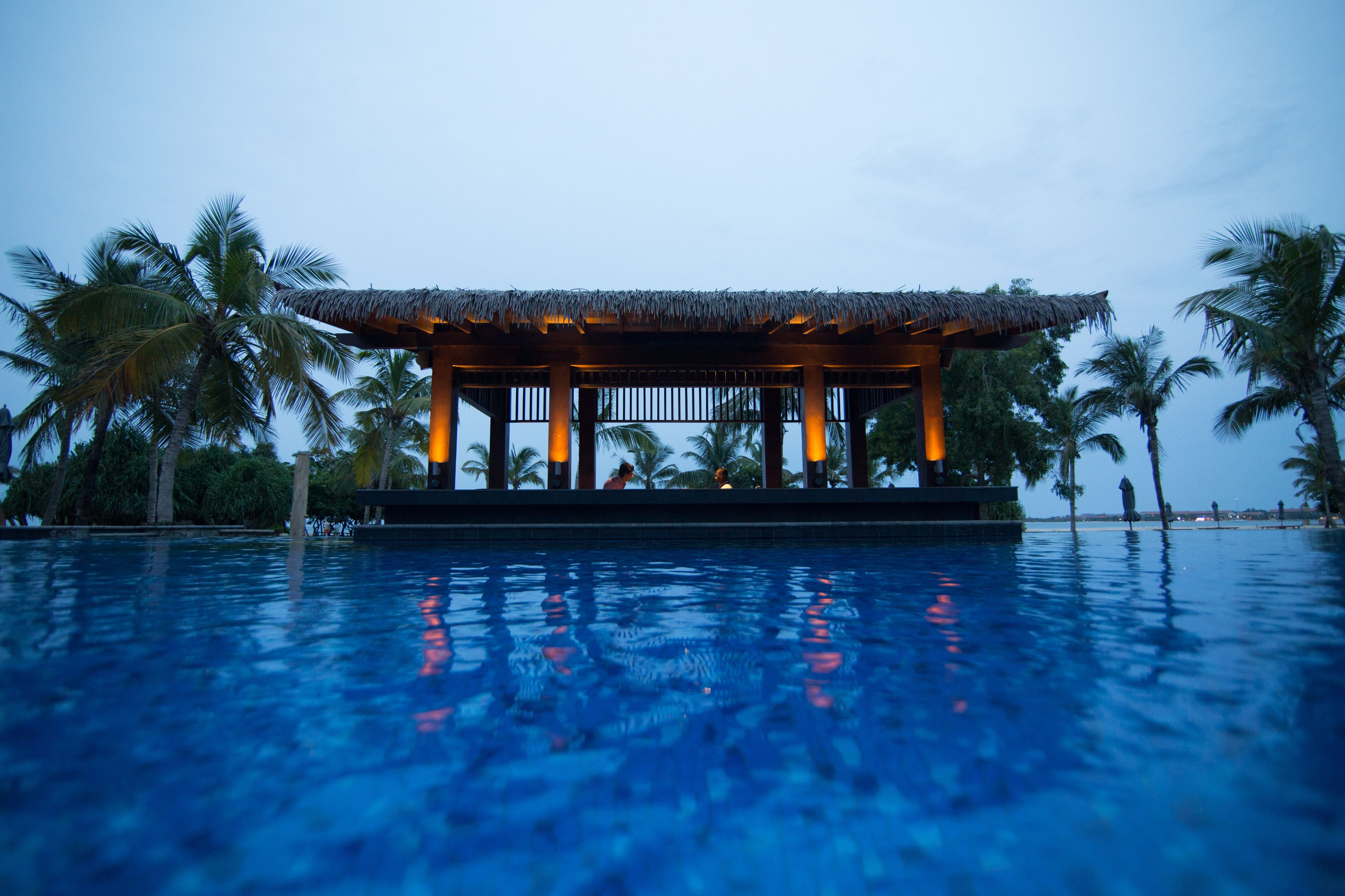 A poolside lounge with a thatched roof, surrounded by palm trees.