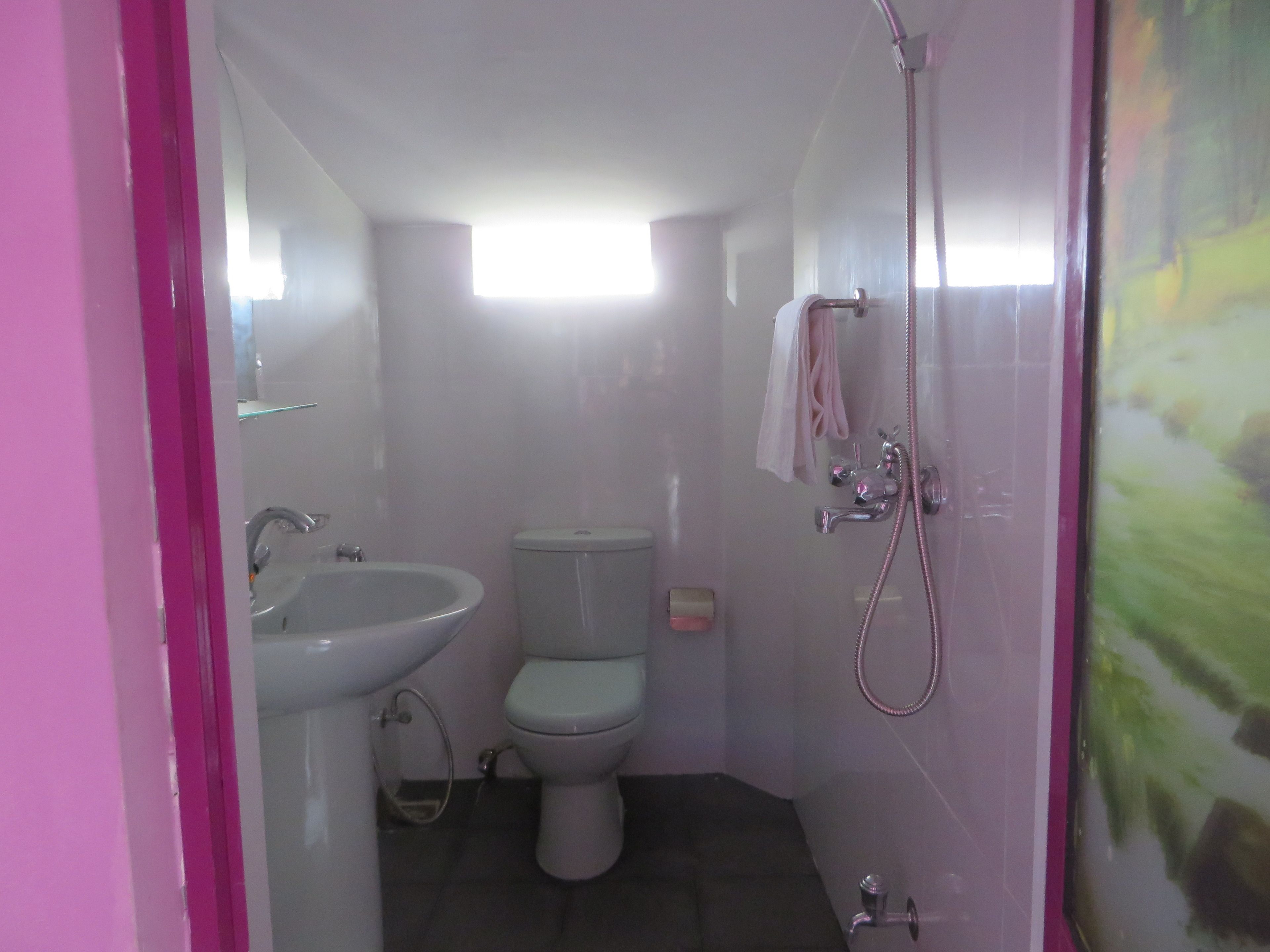 A small, compact bathroom with a white sink, toilet, and shower.