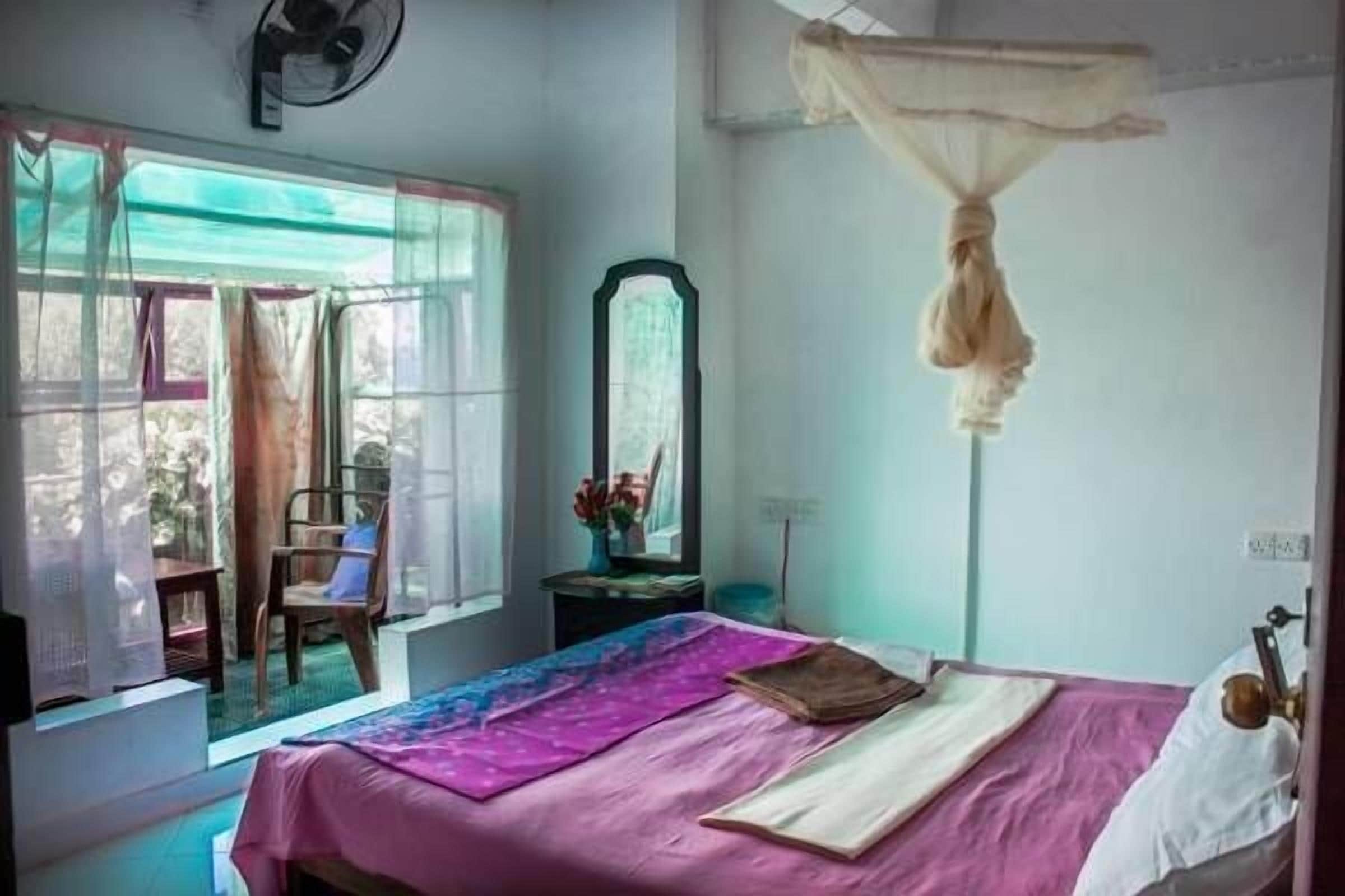 A room with a bed, a window with curtains, a fan, and a mosquito net.