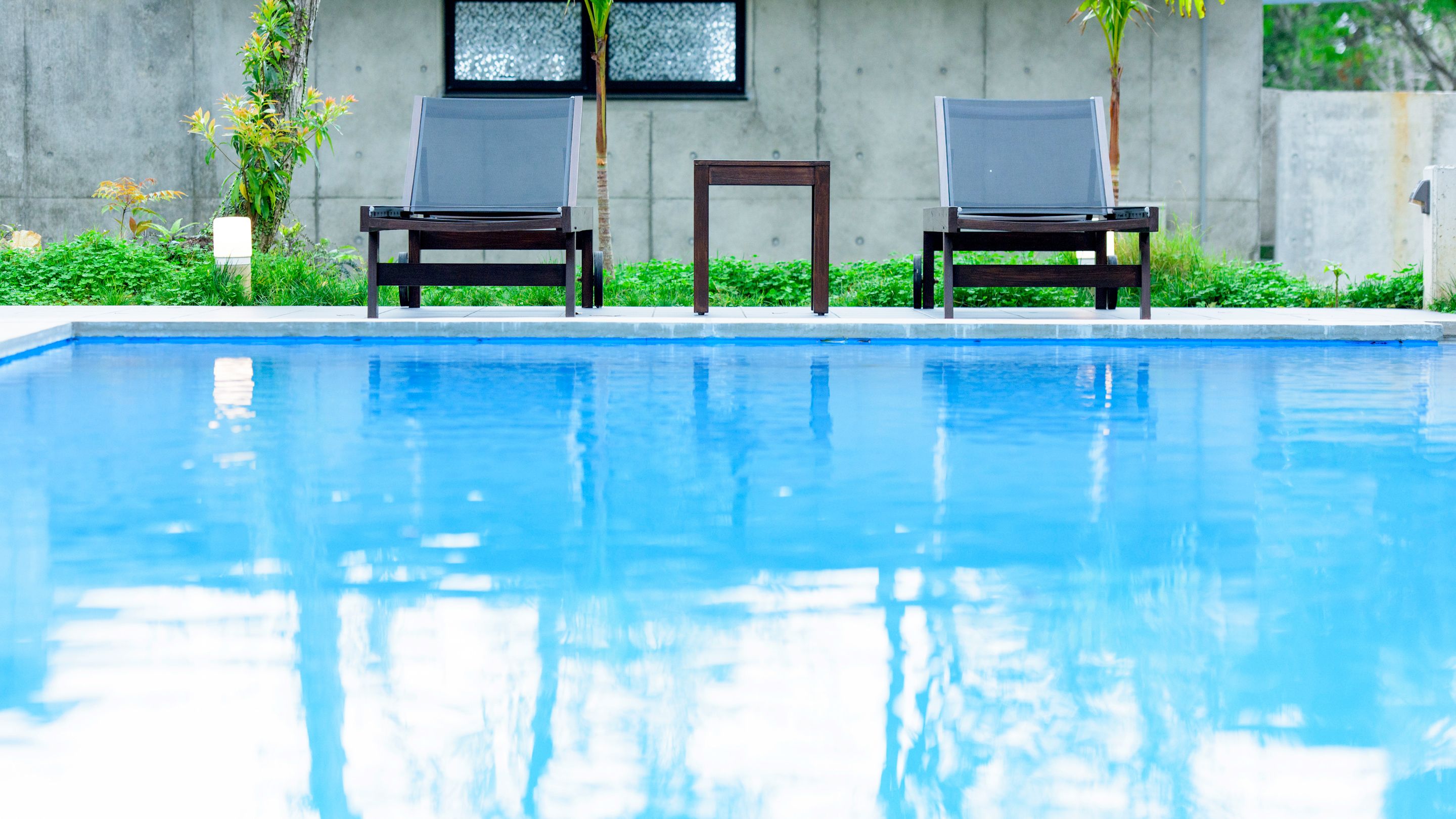 outdoor pool, pool loungers