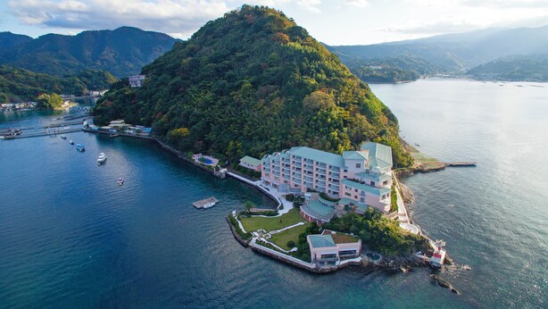 An aerial view of a coastal resort with a large building, a marina with boats, and surrounding lush greenery. - Awashima Hotel (Numazu)