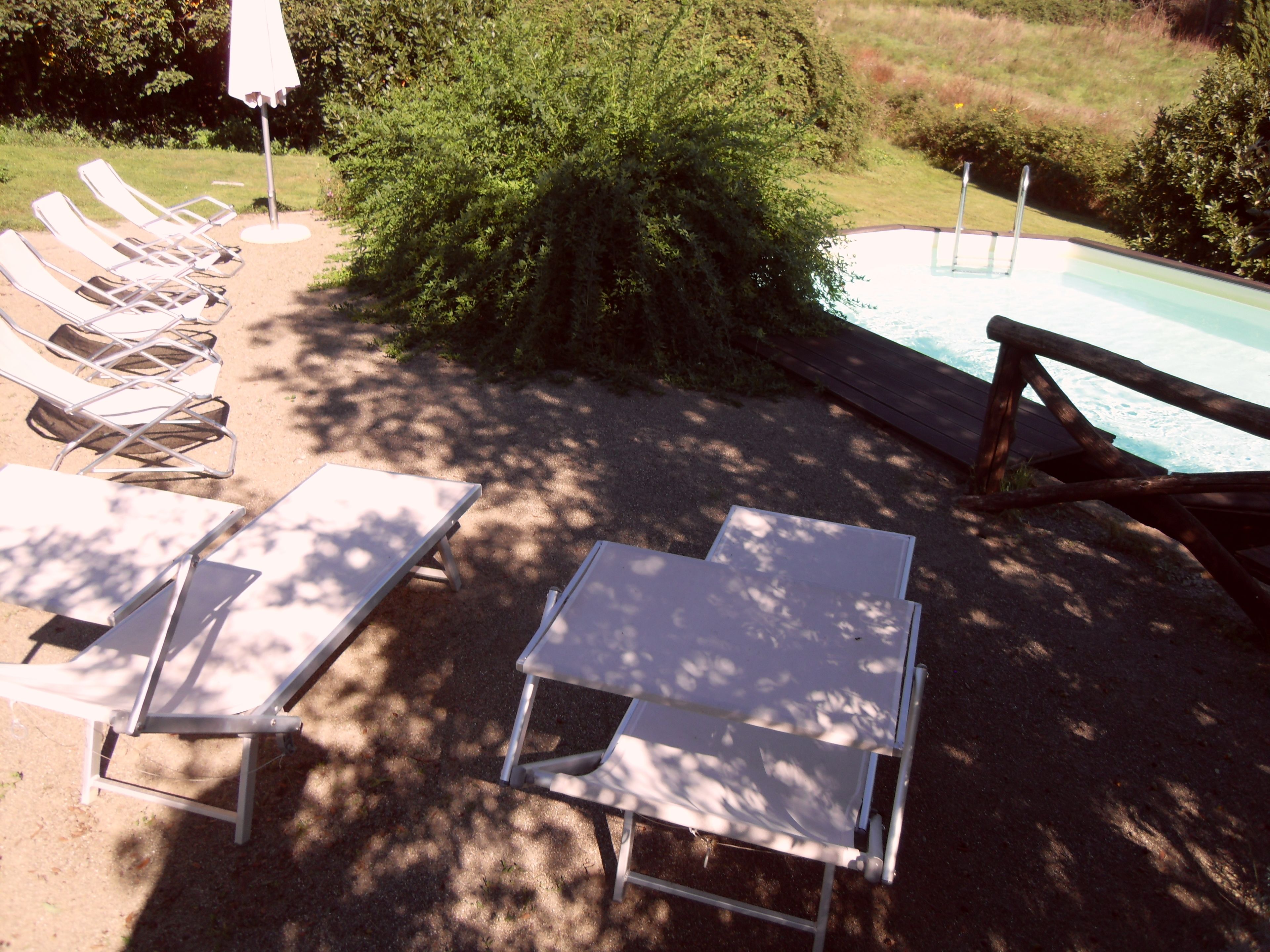 Zona de piscina con tumbonas y una piscina pequeña.