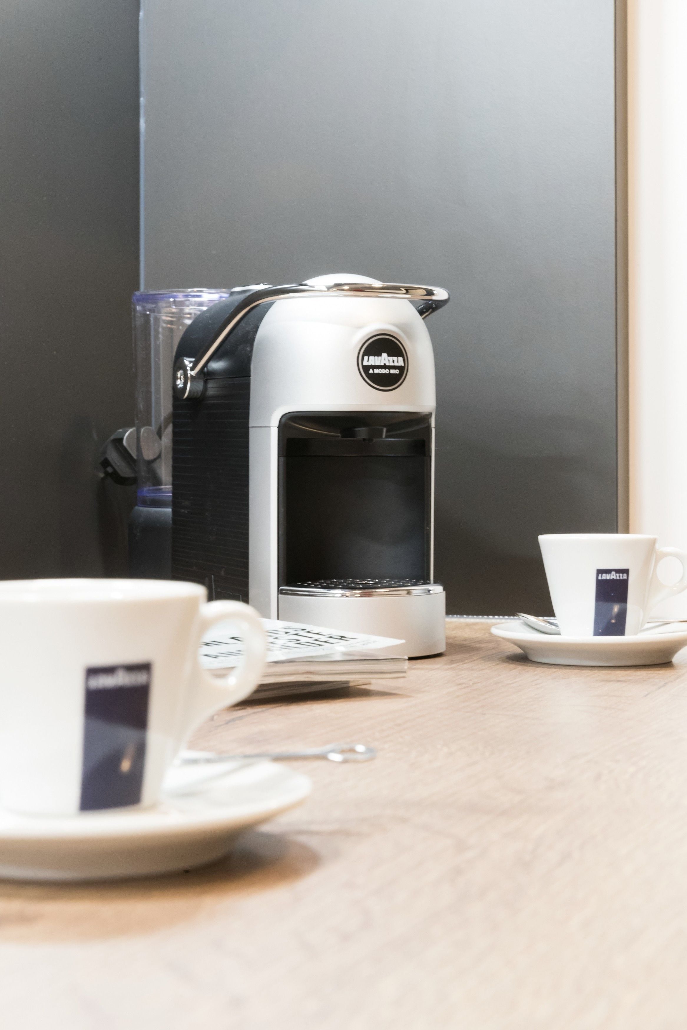 fridge, espresso maker, coffee/tea maker