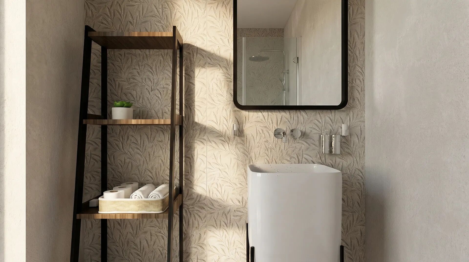 A bathroom with a wooden shelf holding toiletries, a white sink, and a mirror.