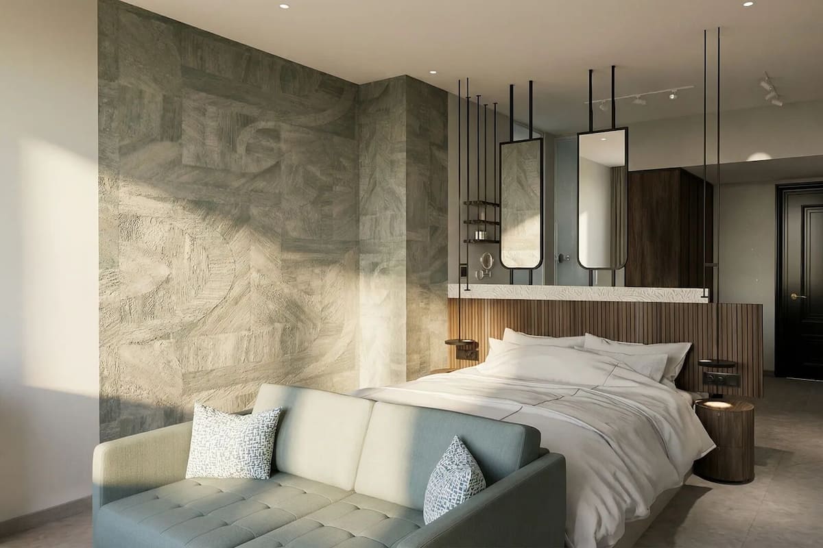 Studiosuite – junior | Safe på rommet, skrivebord, blendingsgardiner og lydisolert