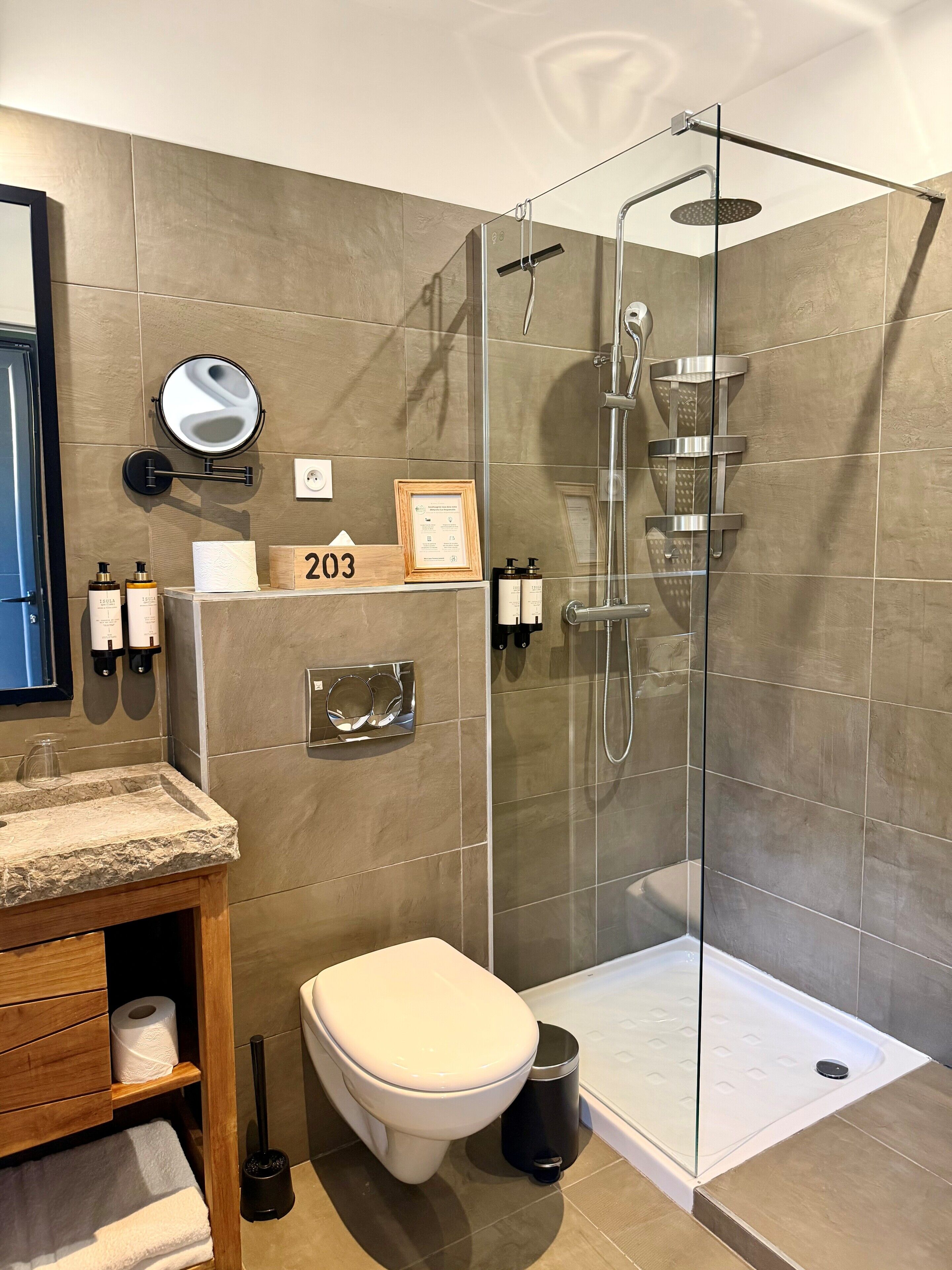 A modern bathroom with a glass-enclosed shower, a toilet, a sink with a marble countertop, and a vanity with a mirror and toiletries.
