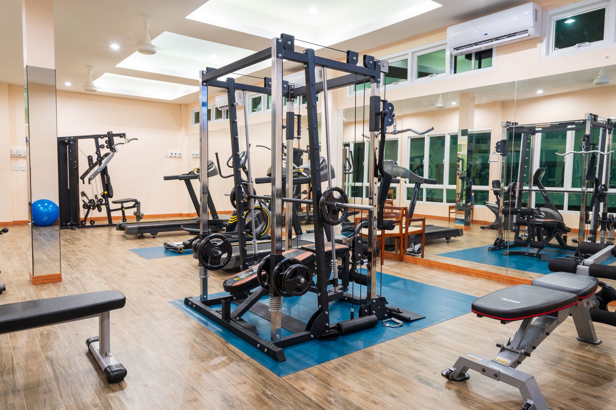 A gym with various exercise equipment, including weight machines and free weights, and a blue mat on the floor.
