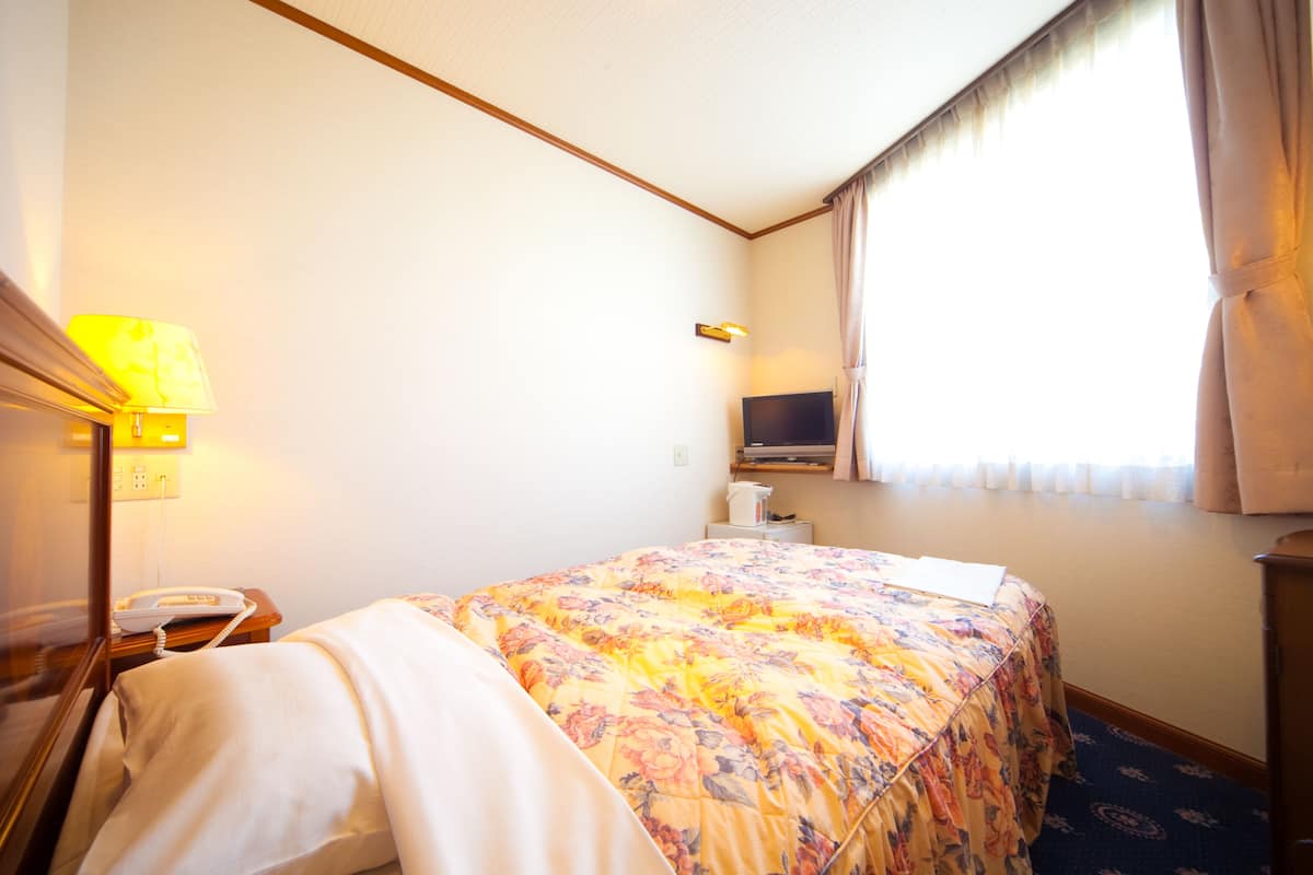 Una habitación de hotel con una cama, una lámpara de noche, un televisor y una ventana con cortinas.