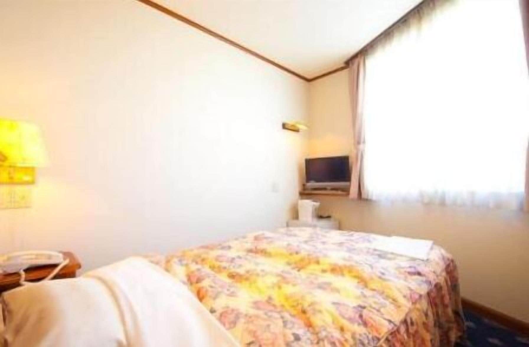 Habitación de hotel con cama, televisión, escritorio con teléfono y ventana con cortinas.