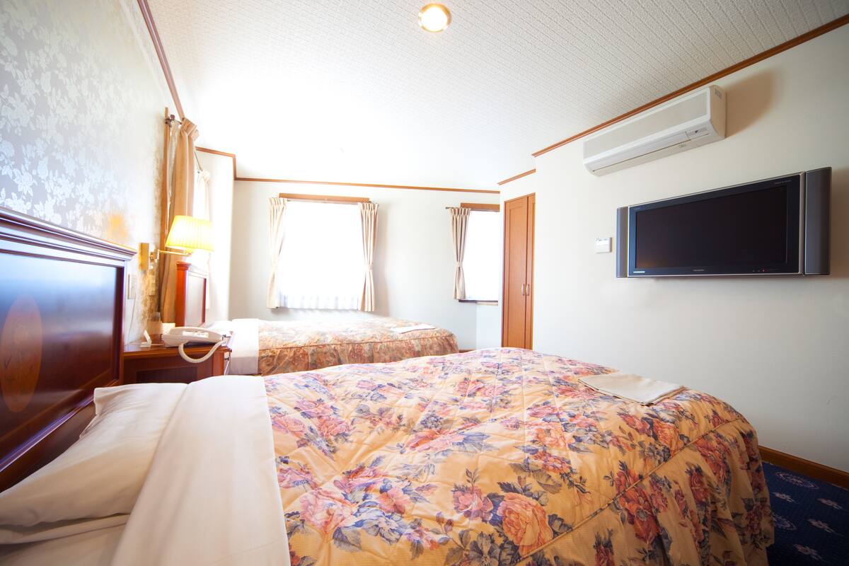 Habitación de hotel con dos camas, un televisor de pantalla plana, aire acondicionado y una ventana con cortinas.