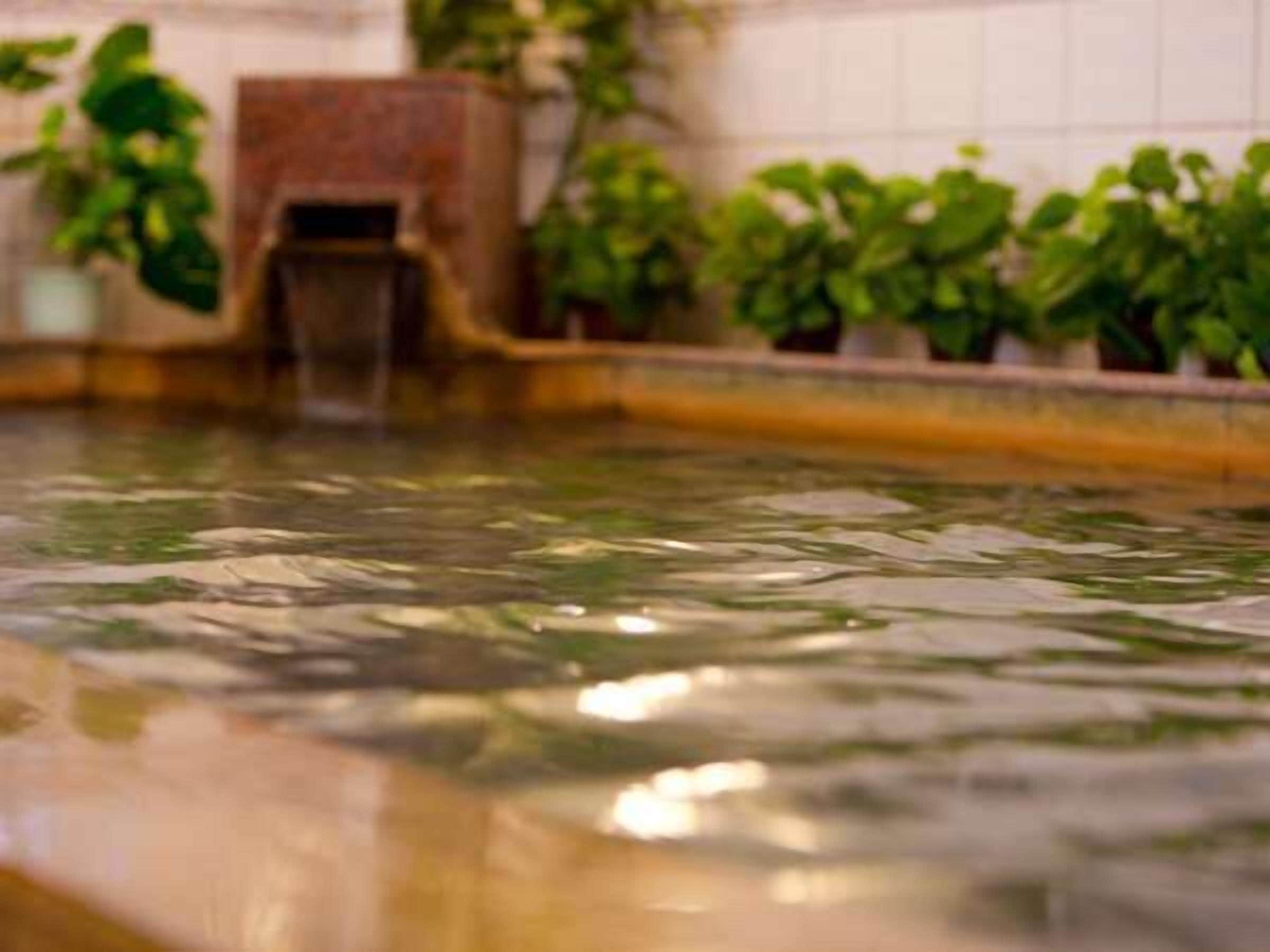 A water feature with a small waterfall and potted plants around it.