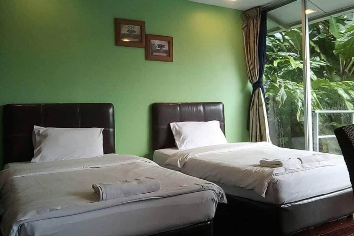 Dos camas individuales con cabeceros oscuros, una pared verde y una ventana con cortinas.