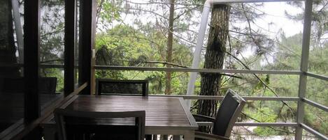 A wooden deck with a table and chairs, overlooking a forested area through large windows.