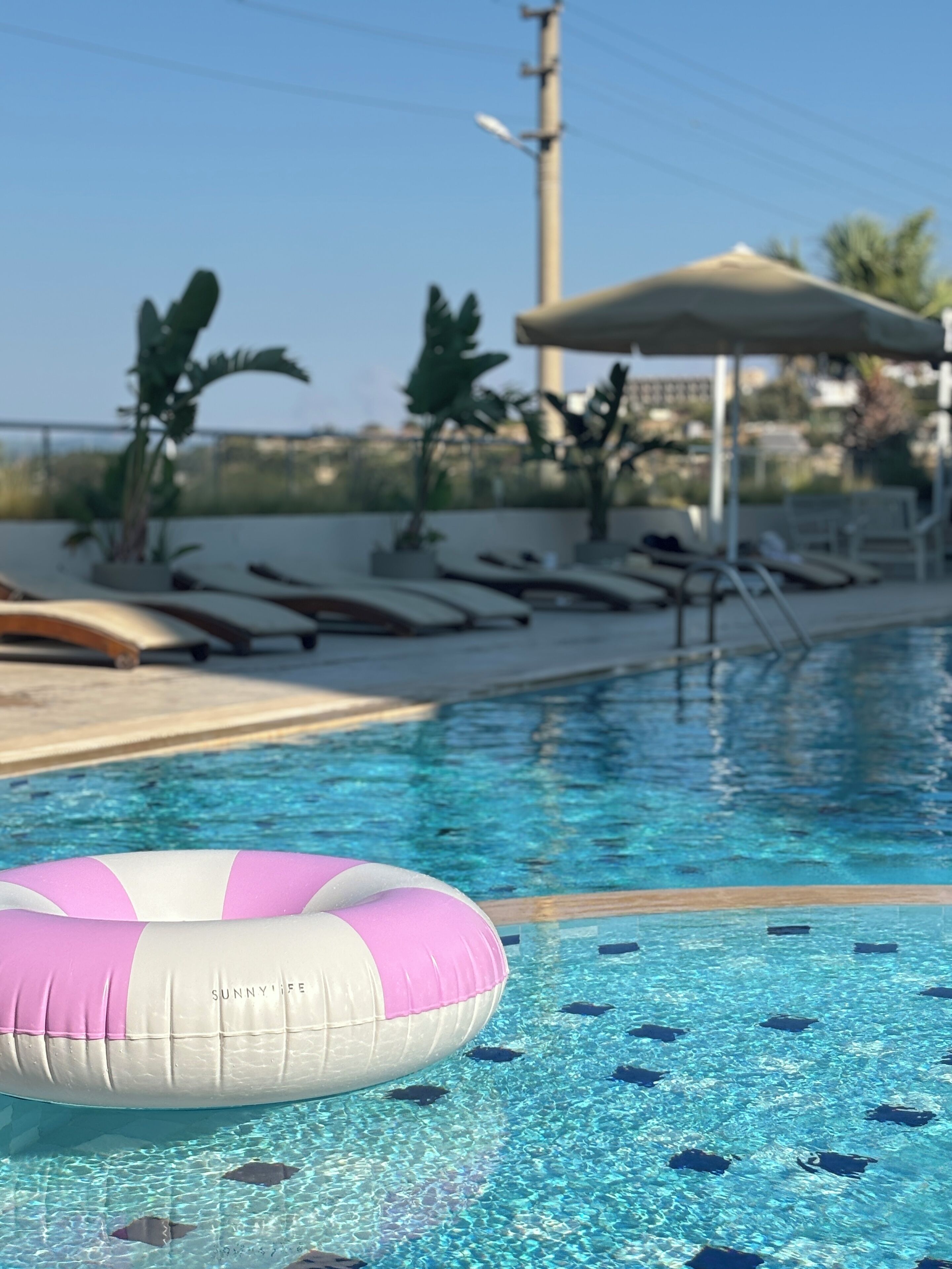 Seasonal outdoor pool, pool umbrellas, pool loungers